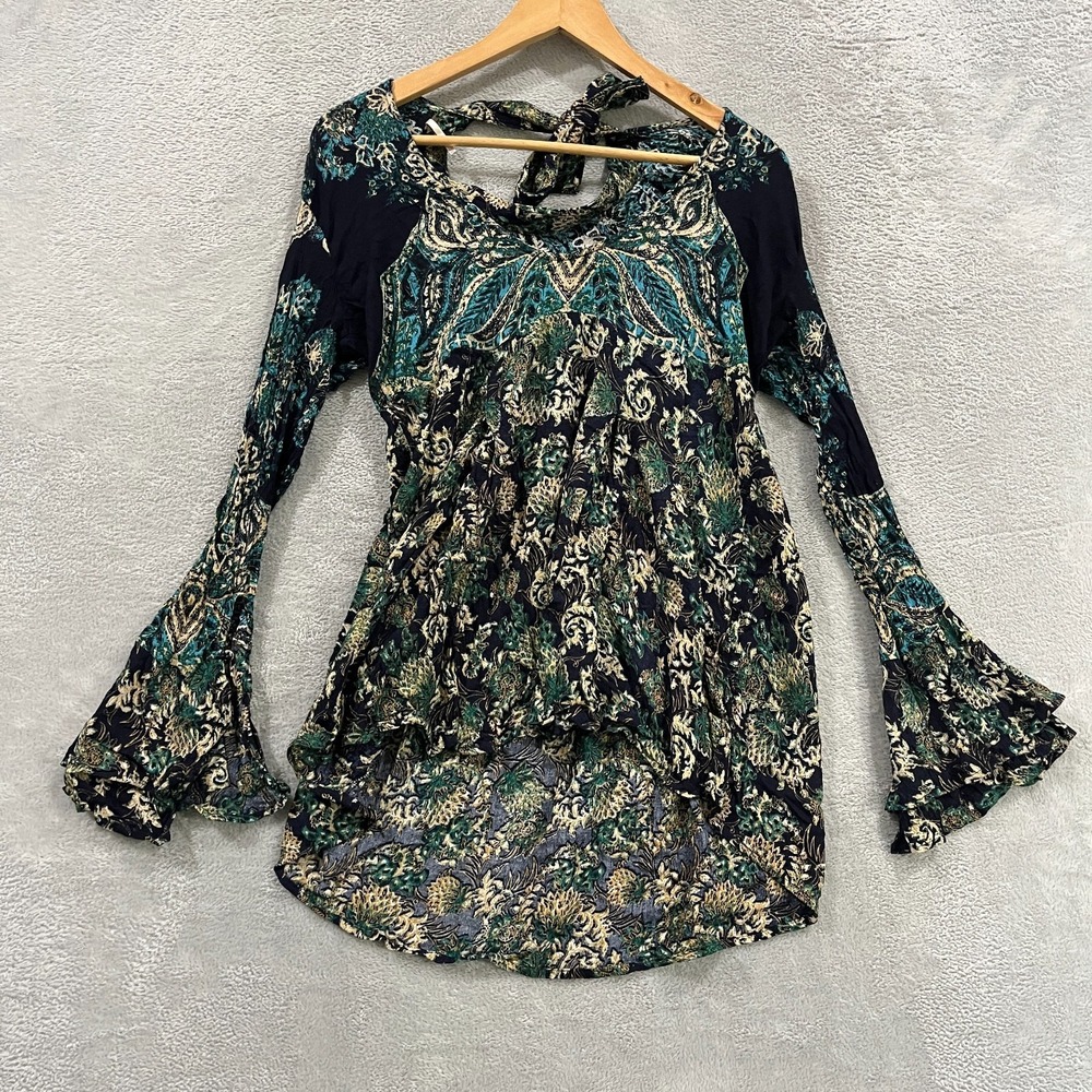 Free People Tunic Top Womens XS Green Blue Paisley Floral Bellโ Sleeve Tie Back